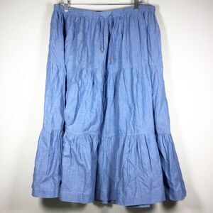 Lightweight blue denim cotton skirt drawstring waist wood beads elastic waist L